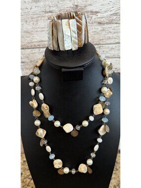 Seafoam Shell Beaded Necklace 44” & Abalone Stretch Bracelet Sz 6-7”